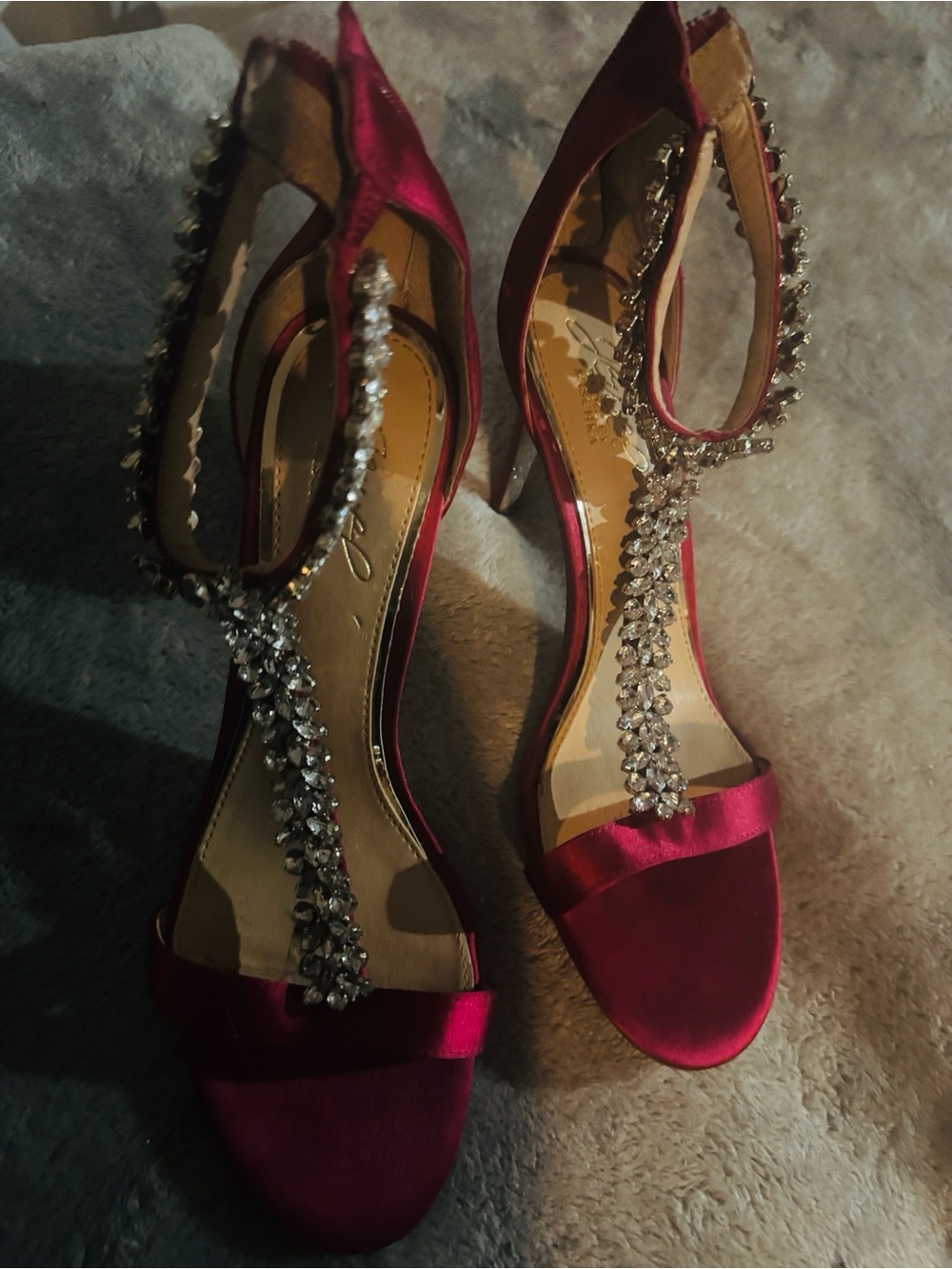Badgley Mischka Red Satin Crystal T-Strap Evening Heels - Picture 2 of 2